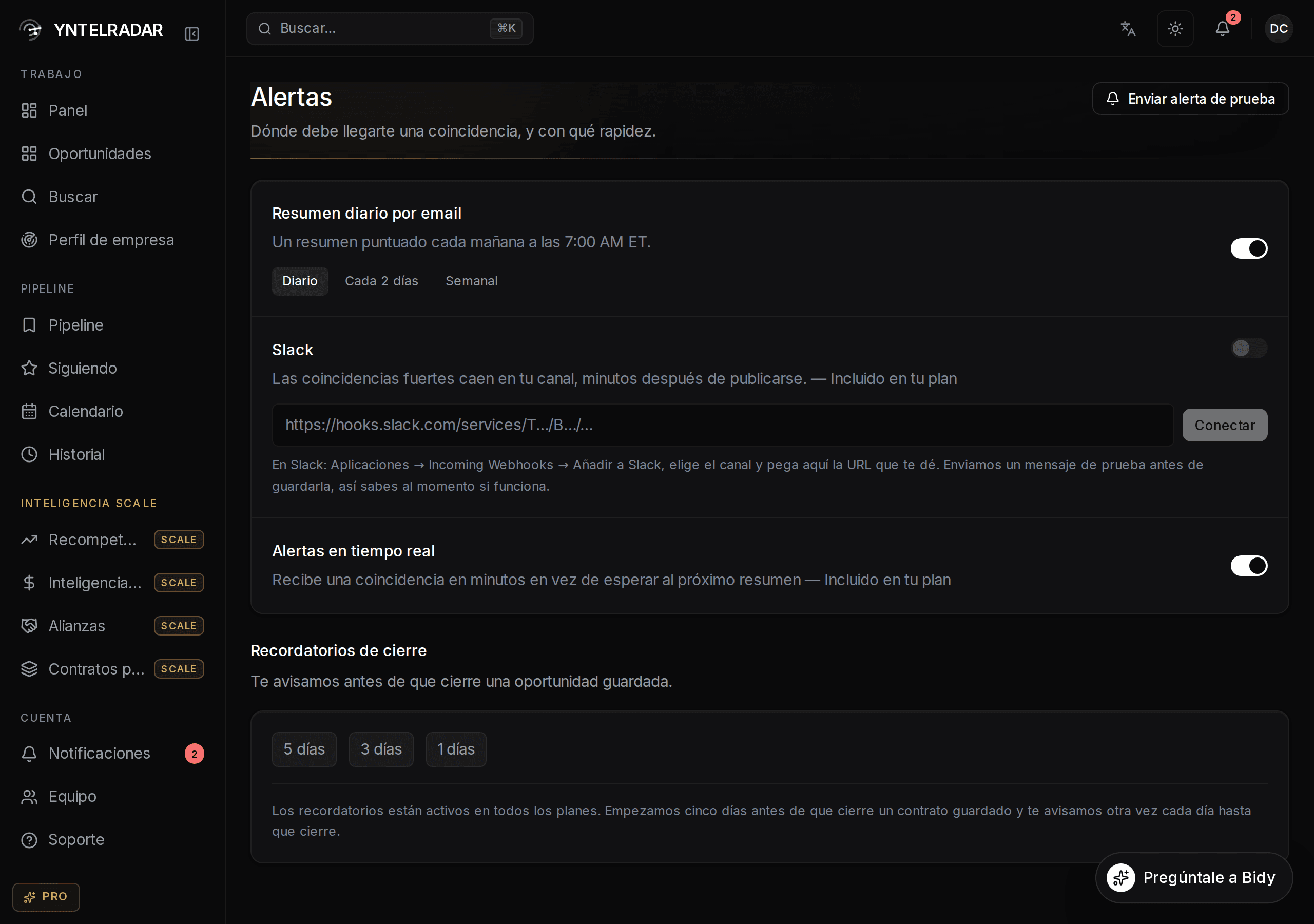 La pantalla de configuración de alertas