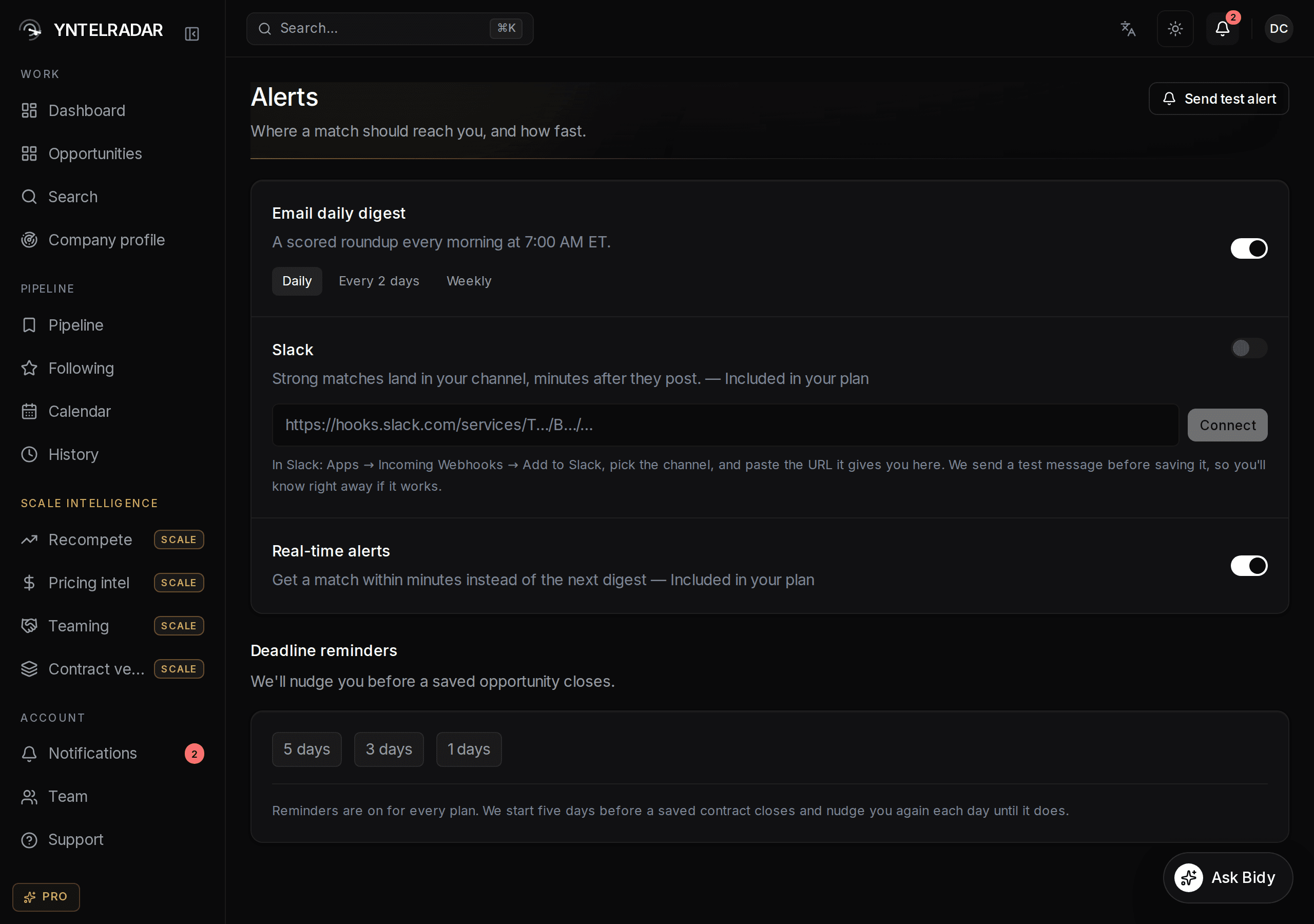 The alerts settings screen