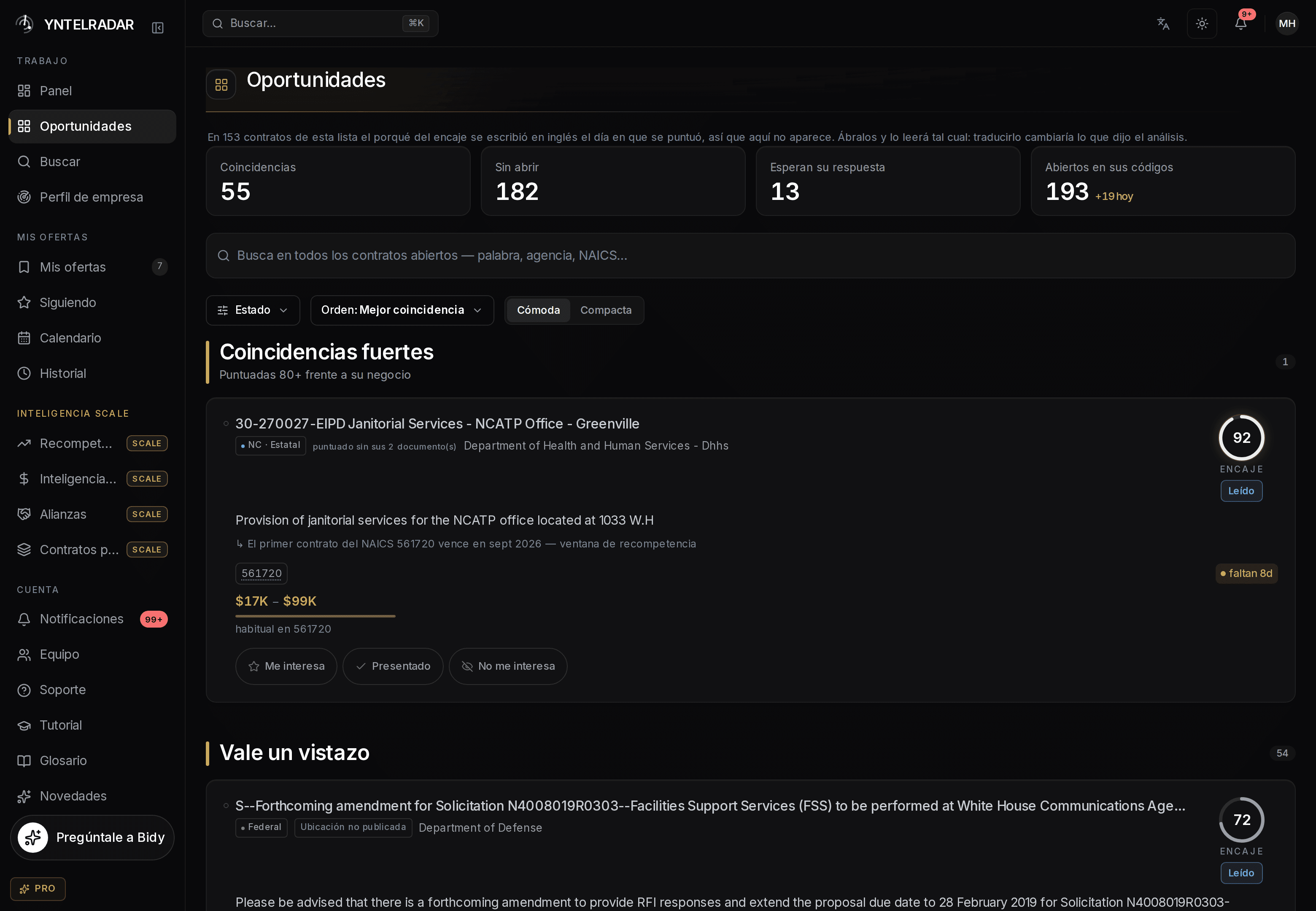 El feed de oportunidades con contratos puntuados