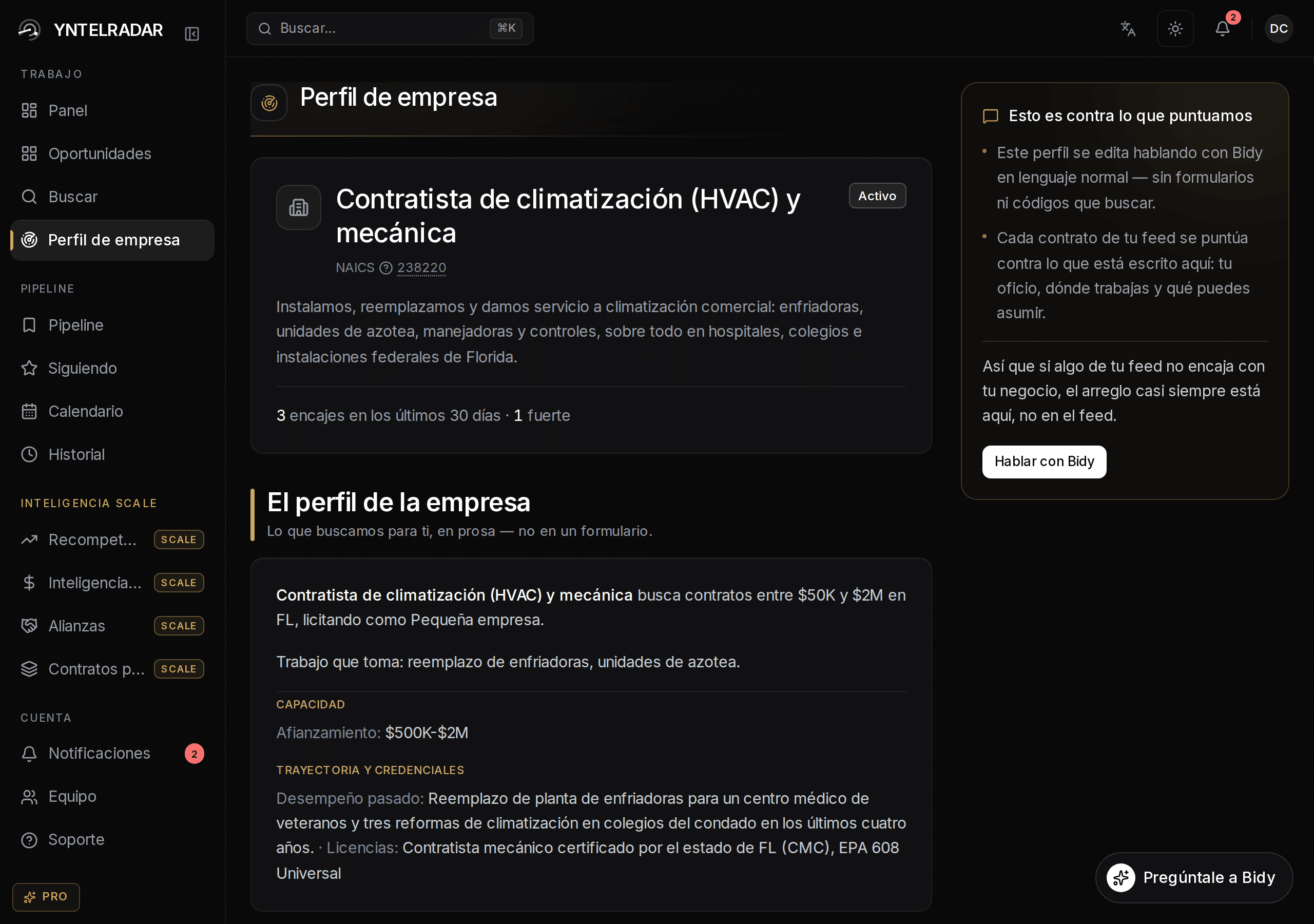 La pantalla del perfil de empresa